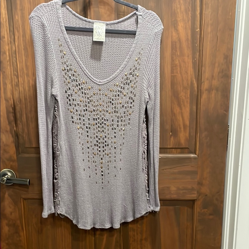 Vocal Gray Embellished Ribbed Blouse